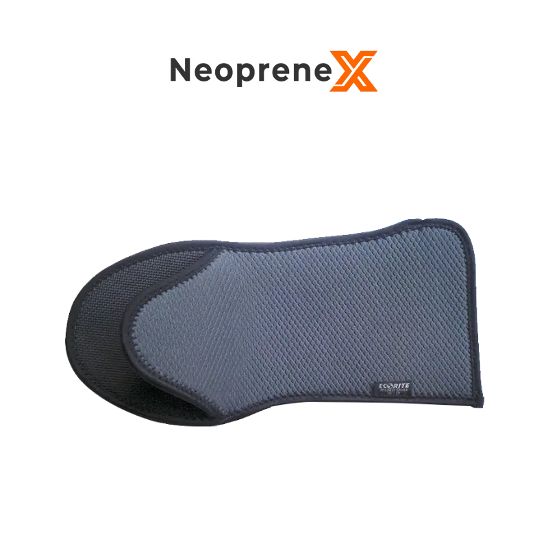 A single NeopreneX grey long-cuff neoprene heat resistant glove presented on a solid black background. Features a diamond-textured outer fabric, a bare unlaminated embossed rubber non-slip gripping inner face, a 3.5mm or 4mm thick thermal core, and a woven brand label sewn on the edge.