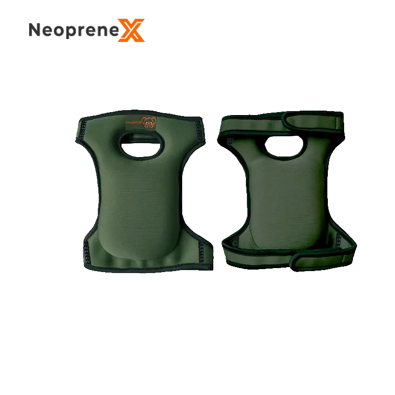 Technical specifications diagram of the NeopreneX wearable green kneeling pad, showing the product front view with ergonomic curves and back view with adjustable dual straps against a black background.