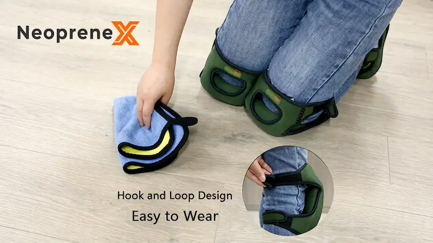 NeopreneX wearable neoprene kneeling pads in olive green demonstrated by a person cleaning a wooden floor, featuring an in-set circle illustration showcasing the adjustable hook and loop strap design for easy wearing.