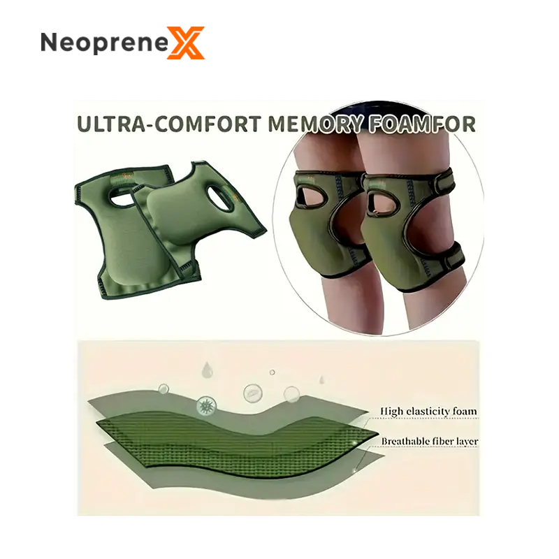 Material layer lamination spec diagram of the custom neoprene kneeling pad, detailing the ultra-comfort memory foam, high elasticity foam core, and breathable fiber lining layer.