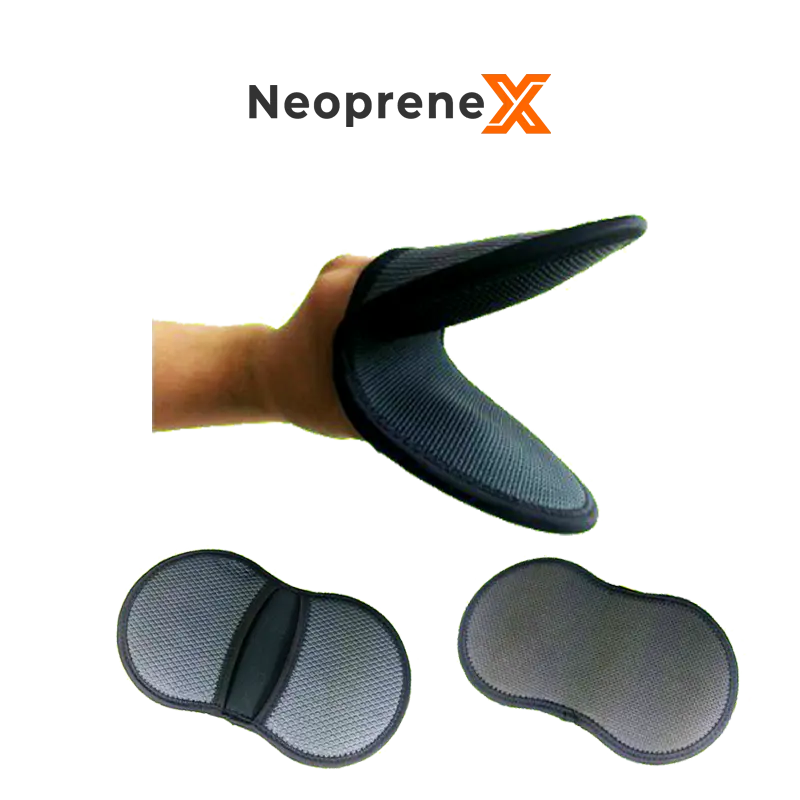 A hand demonstrating a folded NeopreneX grey mini neoprene heat-resistant grabber mitt against a black background, with two additional flat views showing the center-split hand insertion band and the bare unlaminated embossed non-slip rubber texture. Features a 3.5mm or 4mm thick thermal core.