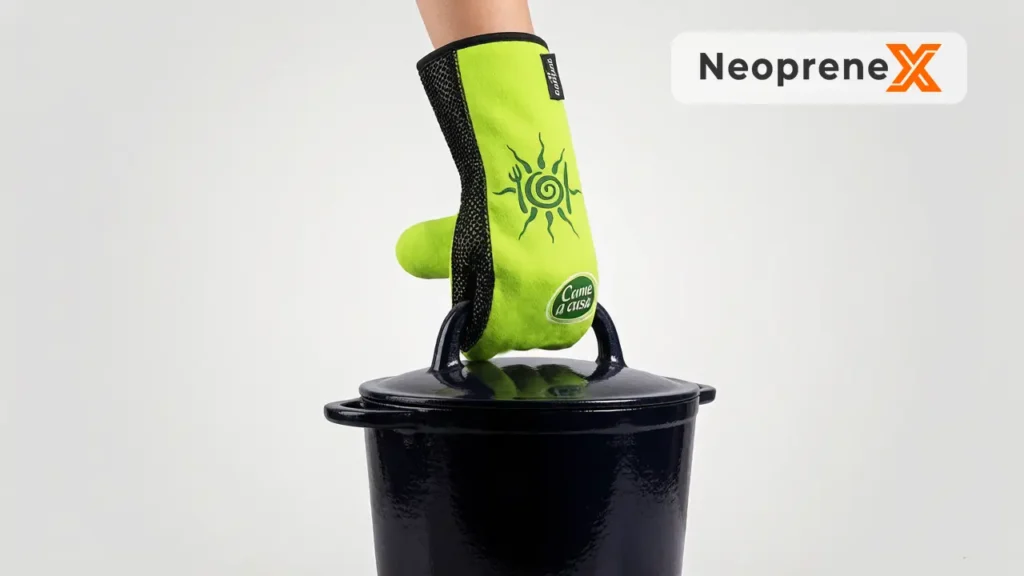 A hand wearing a NeopreneX lime green printed neoprene oven mitt lifting a black cast iron pot, showcasing our factory's premium silk-screen custom printing, brand woven label stitching, and non-slip bare rubber palm manufacturing capabilities for B2B buyers.