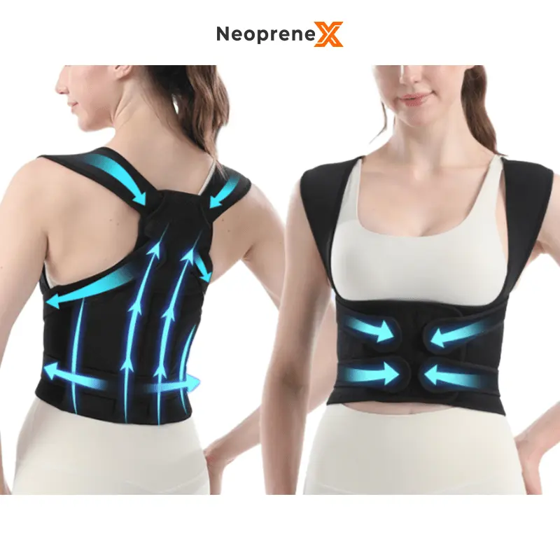 Front and rear view of NeopreneX heavy-duty posture corrector (The Support model), featuring a wide reinforced back panel and dual-compression adjustable waist straps with directional tension arrows for professional lumber support.