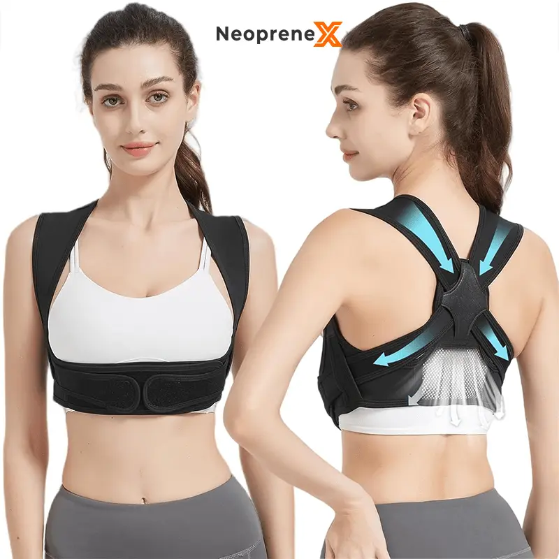 Front and rear view of the NeopreneX adjustable posture corrector (The Wrap model), showcasing the mid-level support structure with a secure under-chest wrap-around strap and a breathable back panel design for B2B wholesale.