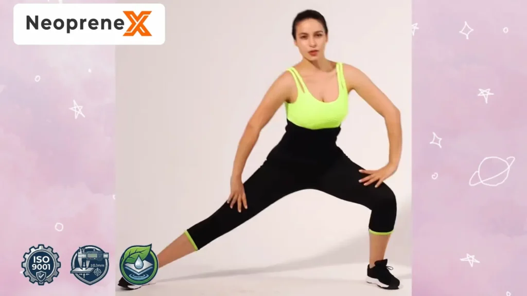 NeopreneX brand neoprene slimming pants worn by a fitness model during workout, featuring high-waist sauna sweat leggings with ISO 9001 and technical quality certification icons.