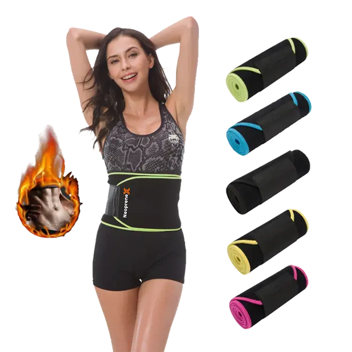 NeopreneX brand neoprene sweat belt worn by a fitness model, showcasing the sauna-like heating effect and multiple trim color customization options for waist trimmers.
