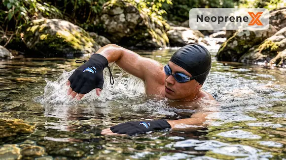 A male swimmer wearing NeopreneX webbed swim gloves with dolphin printing during an open water swim in a rocky river, demonstrating our neoprene factory's premium OEM and ODM manufacturing quality for bulk B2B buyers.