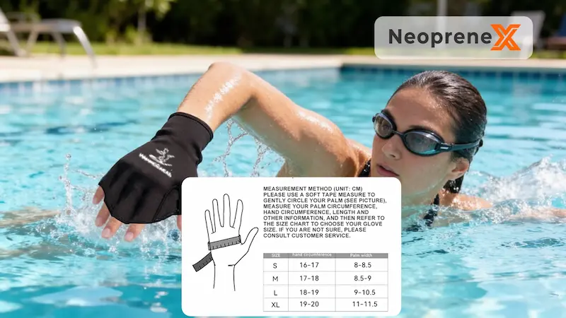 Sizing chart for NeopreneX webbed neoprene swim gloves, showing a female swimmer in a pool. Includes a measurement guide diagram for hand circumference and palm width in centimeters for sizes S, M, L, and XL.
