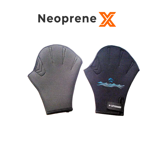 A pair of NeopreneX 3mm black neoprene swim gloves with an adjustable Velcro strap on the back of the hand. Highlights the quick-drying, user-friendly on/off design, and anti-slip embossed neoprene palm.