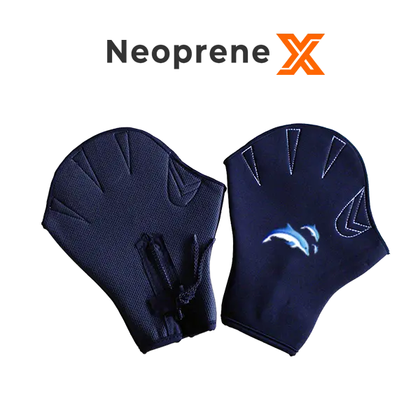 A pair of NeopreneX 3mm black neoprene swim gloves with a zipper closure at the wrist and a dolphin print on the back. Demonstrates the structured fit, paddle-like stitched finger resistance, and embossed palm grip for professional water training.