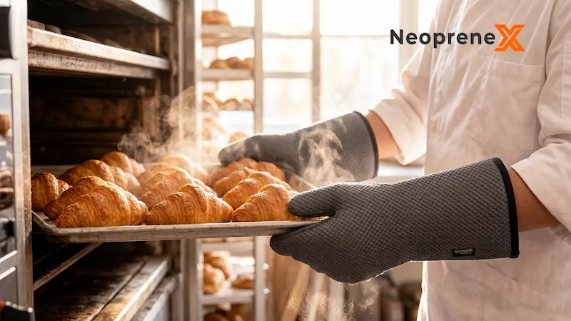 A professional baker wearing NeopreneX grey textured heat-resistant neoprene oven mitts, pulling a fresh tray of golden croissants out of a commercial bakery oven. Demonstrates high-temperature thermal protection and non-slip grip.