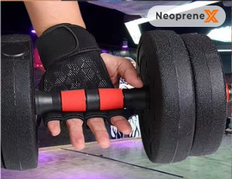 A close-up of a hand wearing a NeopreneX black half-finger neoprene training glove while firmly gripping a heavy dumbbell, highlighting the geometric textured anti-slip palm padding and integrated wide wrist support strap for gym workouts.
