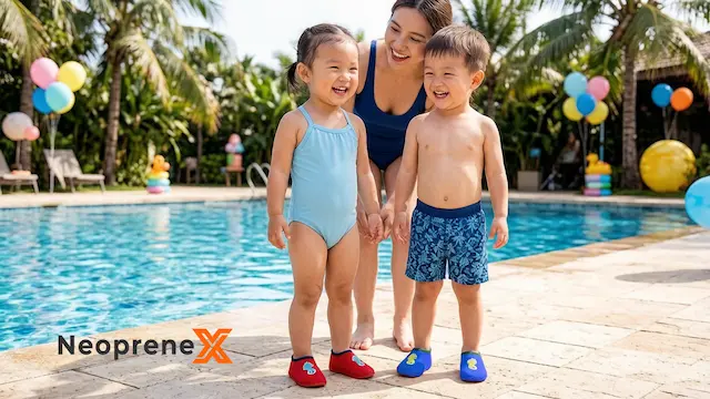 Happy toddlers wearing colorful NeopreneX water shoes by a swimming pool, showcasing our neoprene factory's advanced OEM and ODM manufacturing capabilities in producing safe, durable, and comfortable children's aqua footwear for global bulk buyers.