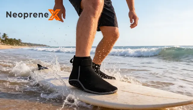 A surfer balancing on a surfboard in the ocean waves, wearing NeopreneX non-slip neoprene water socks with ankle straps for enhanced board grip and protection.