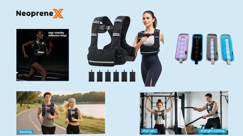 NeopreneX adjustable weighted training vest features and applications collage, showing the detachable weight structure, front storage pocket, and high-visibility reflective strips for running, pull-ups, and strength training.