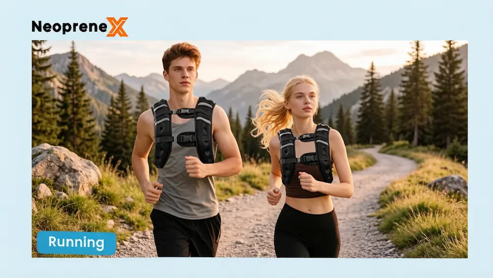 A man and a woman trail running outdoors wearing NeopreneX weighted training vests for cardio and fitness conditioning, available for private label and bulk OEM orders.
