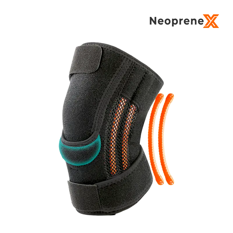 Studio shot of the Support Knee Wrap, displaying the two flexible side spring stays and the reinforced lower patella impact pad for lateral joint stability.