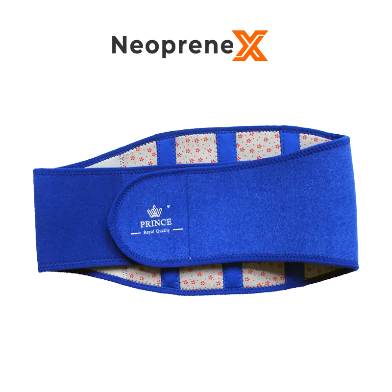The inner side of a royal blue Supported Back Wrap, showing the white and red flower patterned lining and the pockets housing 3 plastic support stays for posture correction.
