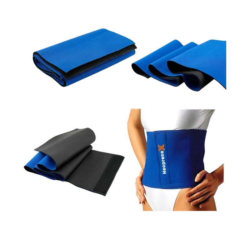 The Bare raw-cut neoprene sweat belt with blue fabric and black inner lining, displaying edgeless design and private label NeopreneX logo on model.