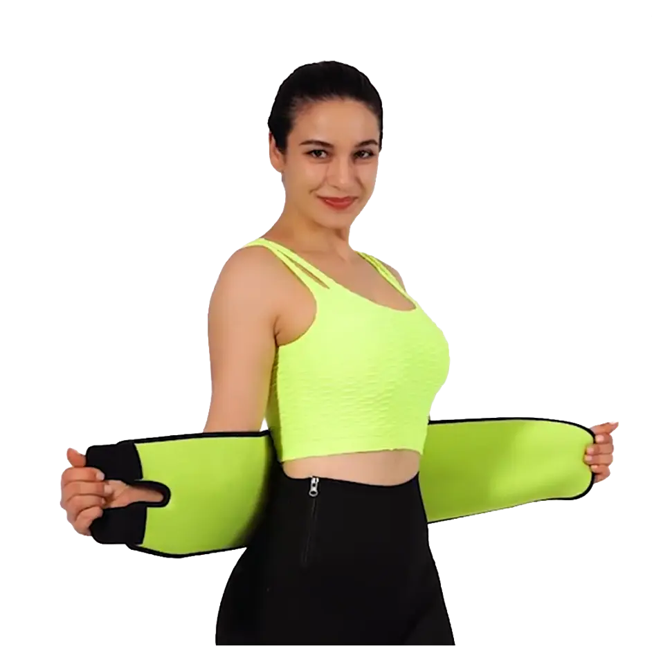 The Capri Belt Short neoprene shaping pants shown on a model, featuring an integrated neon green sweat belt design and a functional side zipper on capri-length thermal workout shorts.