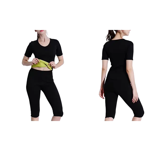 The Capri Set matching neoprene shaping apparel showcased in front and back views, featuring a short-sleeve round-neck top with yellow lining and a seven-eighth length thermal short for coordinated shaper wear.