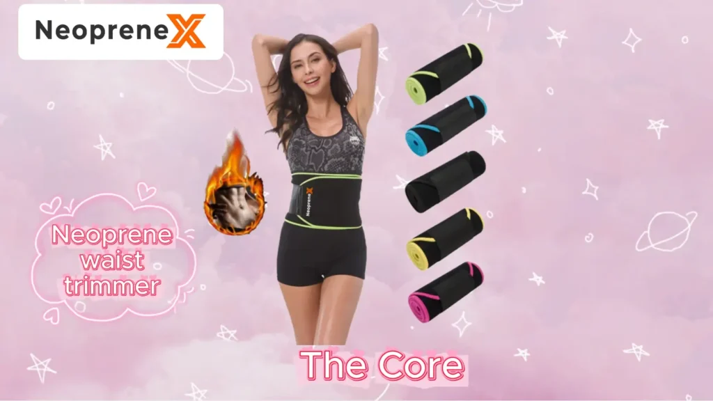 NeopreneX video thumbnail for The Core neoprene waist trimmer, showing a fitness model, sauna sweat effect, and multiple trim colors on a pink starry background.