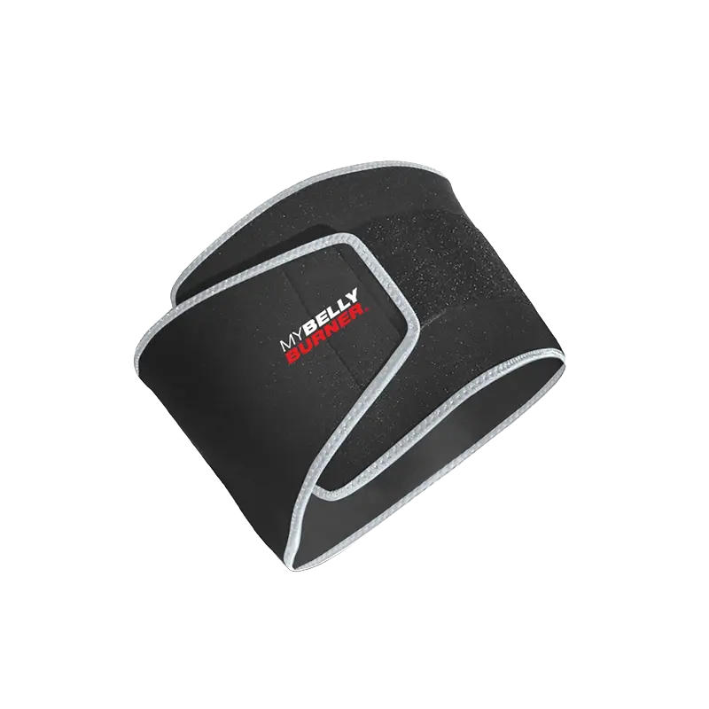 The Core Trimmer classic straight-cut neoprene sweat belt with grey edge binding, featuring a wide hook-and-loop closure and custom logo print for bulk wholesale distribution.