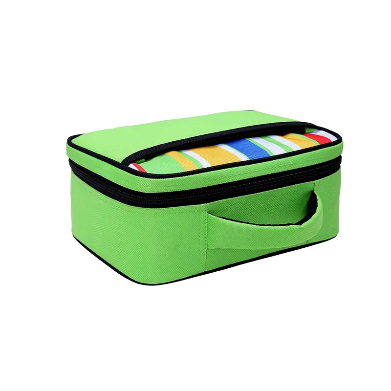 The Crate structured rectangular box-style neoprene lunch bag in vibrant green with colorful stripes, featuring a full-opening zipper top, front handle, and eco-friendly PEVA lining.