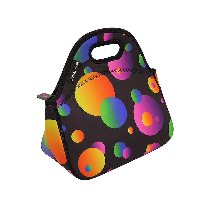 The Original classic 3mm neoprene lunch bag featuring colorful polka dot prints, secure zipper closure, and top carry handle for daily wholesale supply.