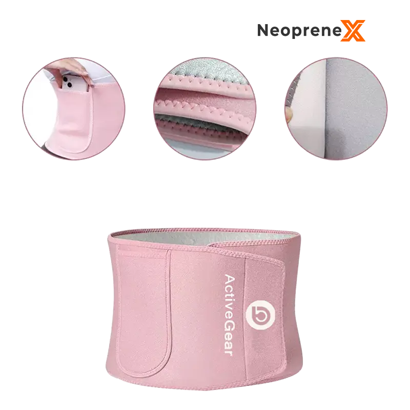 The Silver pink neoprene sweat belt with silver polymer inner coating under NeopreneX brand, showcasing zoomed details of integrated phone pocket, heat-reflective lining, and reinforced stitching for sportswear brands.