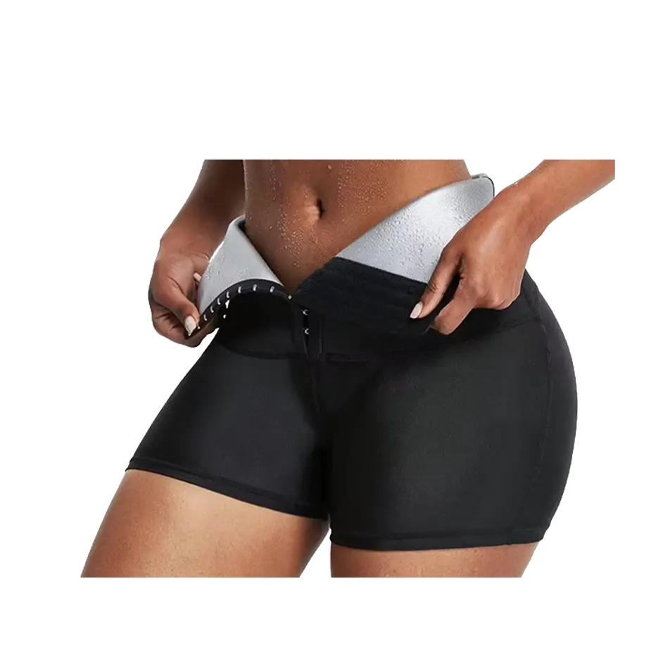 The Silver Hook Short wholesale neoprene shaping short shown on a fitness model, featuring an extended hook-and-eye closure and an exposed silver-coated heat-reflective inner lining with visible sweat beads.