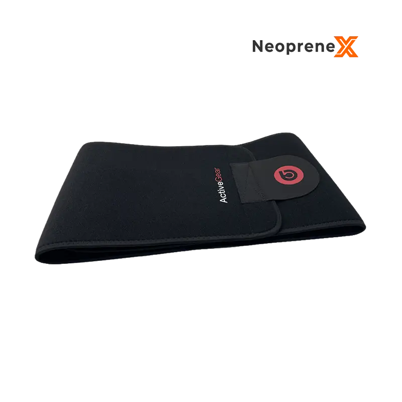 The Textured non-slip neoprene sweat belt under NeopreneX brand, featuring embossed anti-slip neoprene lining and a molded rubber tab closure with red logo print for premium sports brands.