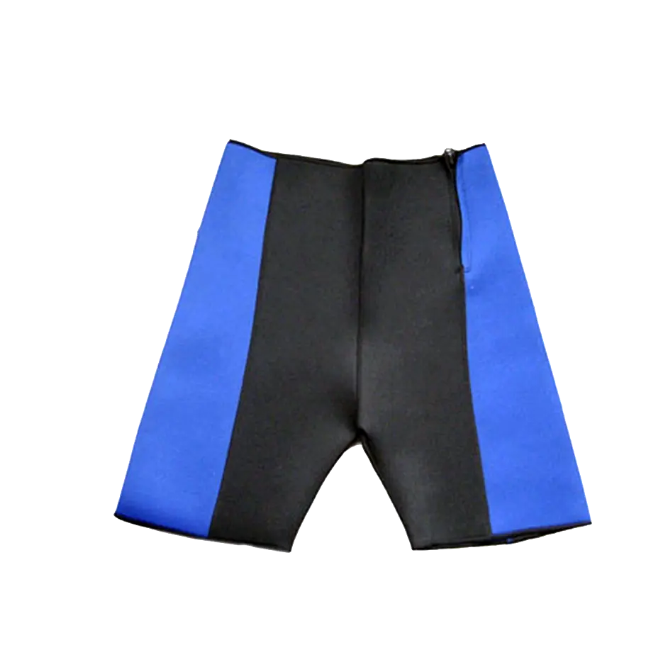 The Zip Short OEM neoprene shaping short with a functional side zipper, featuring black and blue fabric lamination panels and clean overlock finishing at the waist and leg openings.