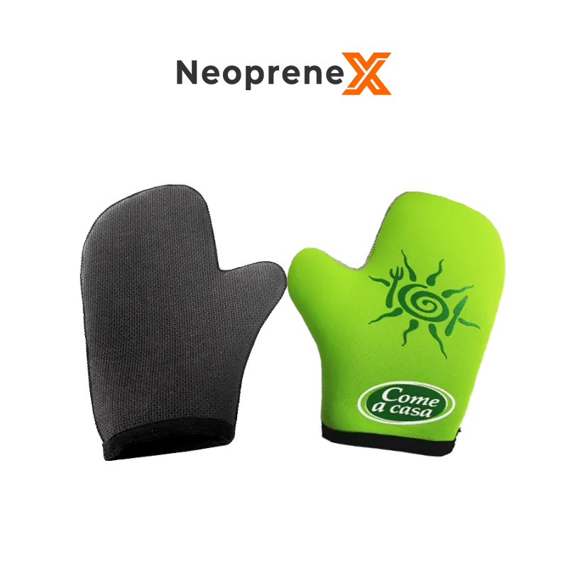 A pair of NeopreneX vibrant printed neoprene oven mitts shown side-by-side on a solid black background, showcasing the lime green fabric back with a custom silk-screen sun and fork cutlery logo and the black bare unlaminated embossed rubber non-slip gripping palm. Features a thick black webbing trim cuff and a 3.5mm or 4mm thick thermal core.