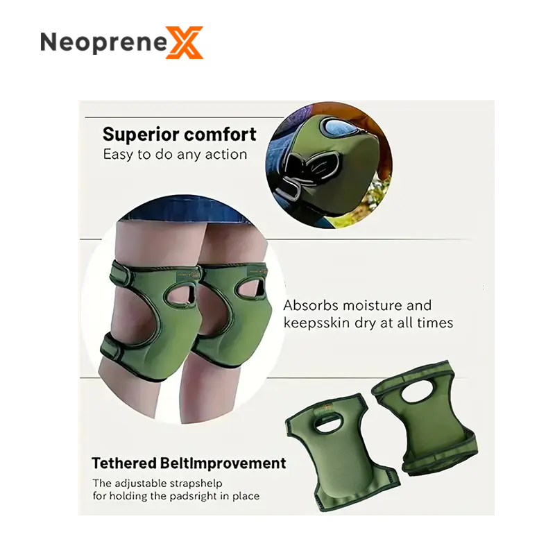 Product specs info-graph of NeopreneX kneeling pad, highlighting the breathable perforated fabric for moisture absorption, tethered belt adjustment straps, and wearing comfort breakdown.