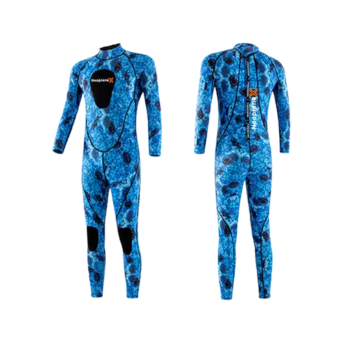 Front and back view of NeopreneX 3mm neoprene full-body wetsuit in blue water camouflage print, featuring a reinforced black chest loading pad, protective knee pads, and heavy-duty back zipper with pull leash for surfing and diving.