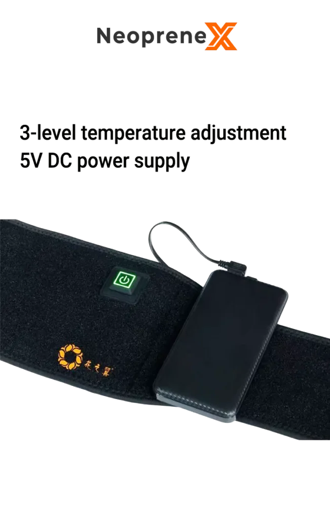 NeopreneX heated back wrap showcasing the 5V DC low-voltage power supply connection to a portable power bank and a 3-level temperature adjustment silicone button with green LED indicator on a black background.
