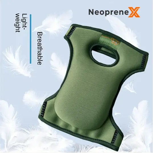NeopreneX custom green wearable neoprene kneeling pad showcasing its lightweight and breathable fabric properties, featured against a light blue background with floating white feathers and commercial text.