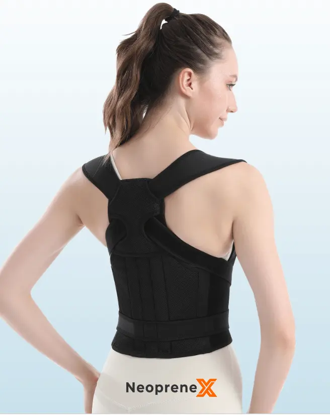 Rear view of the NeopreneX heavy-duty posture corrector (The Support model), showcasing the reinforced full-back panel and wide adjustable lumbar support band for B2B buyers looking for professional-grade posture alignment solutions.