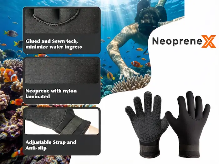 Technical construction details of NeopreneX thick neoprene waterproof gloves, showing glued and blind-stitched seams to minimize water entry, durable nylon laminated neoprene fabric, and anti-slip palms with adjustable wrist straps for B2B buyers.