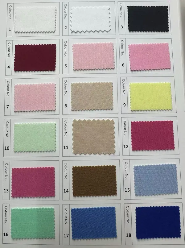 Padded polyester spacer fabric color chart with color options 1 to 18