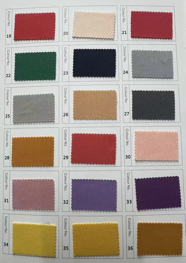 Padded polyester spacer fabric color chart with color options 19 to 36