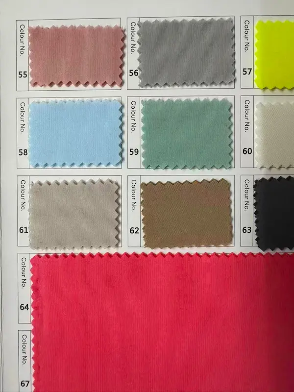 Padded polyester spacer fabric color chart with color options 55 to 67
