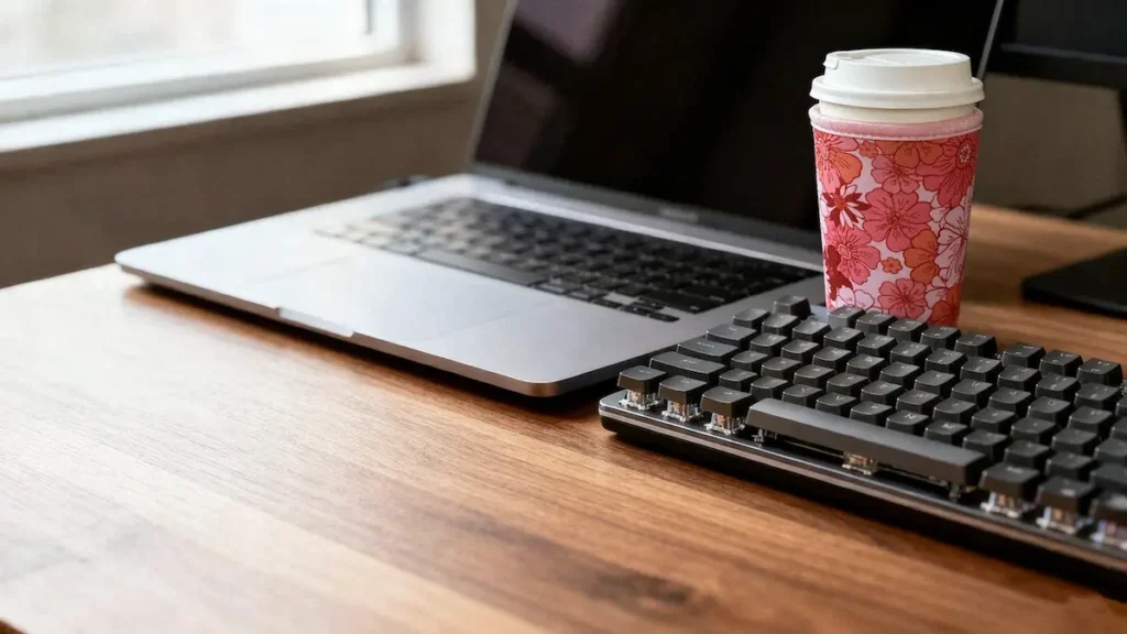 Custom neoprene coffee sleeve with sewn-base construction fitted on takeaway cup on modern office desk