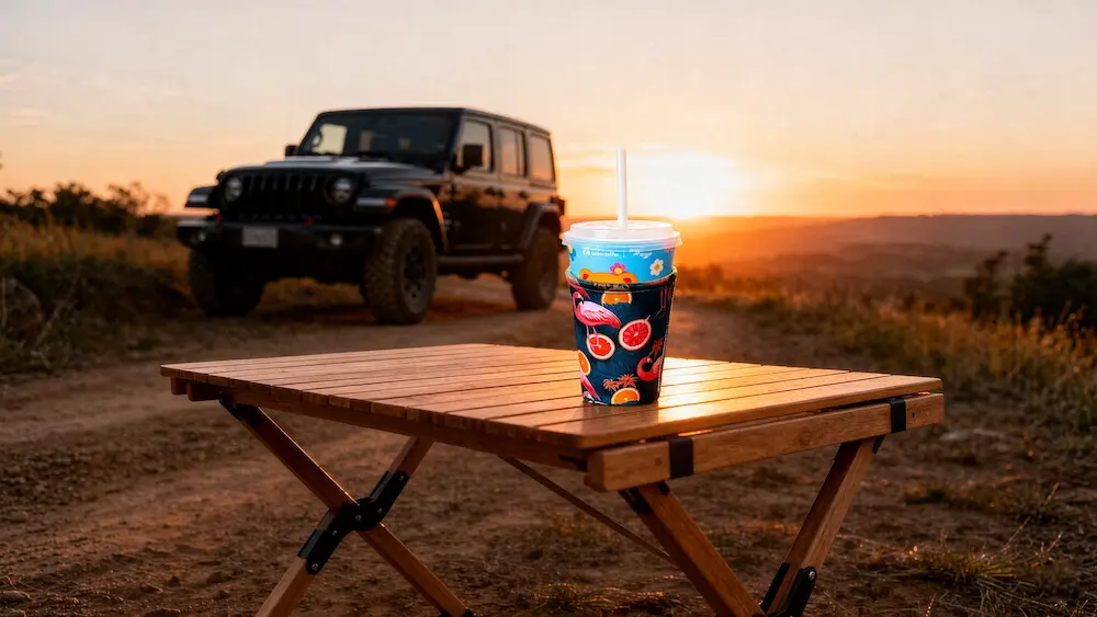 Custom printed neoprene beverage sleeve on outdoor camping table for brand activations and event marketing campaigns