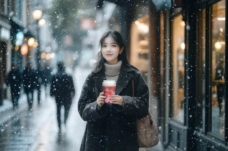 Retail ready private-label neoprene coffee sleeve held in winter street scene for seasonal drinkware accessory lines