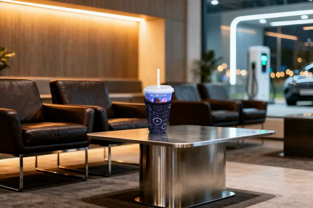 Custom promotional neoprene coffee sleeve on modern corporate lounge table for corporate gift and executive merchandise programs