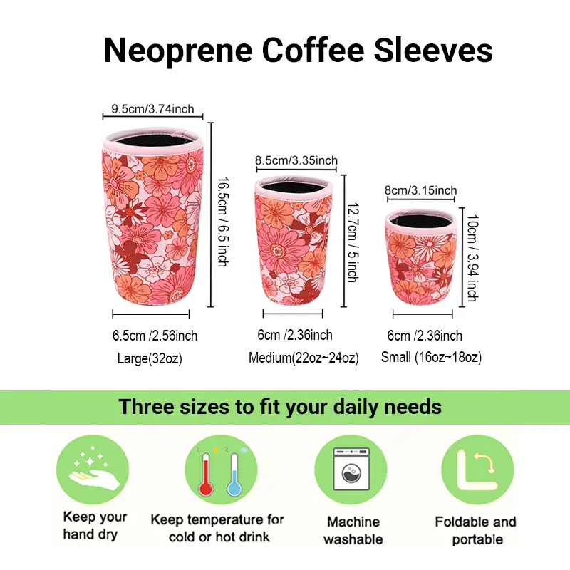 Custom neoprene coffee sleeve size chart showing S, M and L dimensions